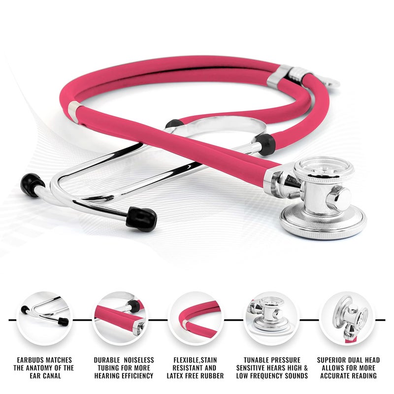 ASA Techmed ستيثوسكوب سبراجي مزدوج الأنبوب للبالغين والأطفال + مقص EMT متطابق، مثالي لموظفي الطوارئ، الممرضين، الأطباء، طلاب الطب، المسعفين، والمستجيبين الأوائل (ماجنتا) - Image 2
